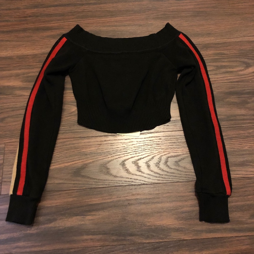 LF Black Striped crop off shoulder sweater sz S